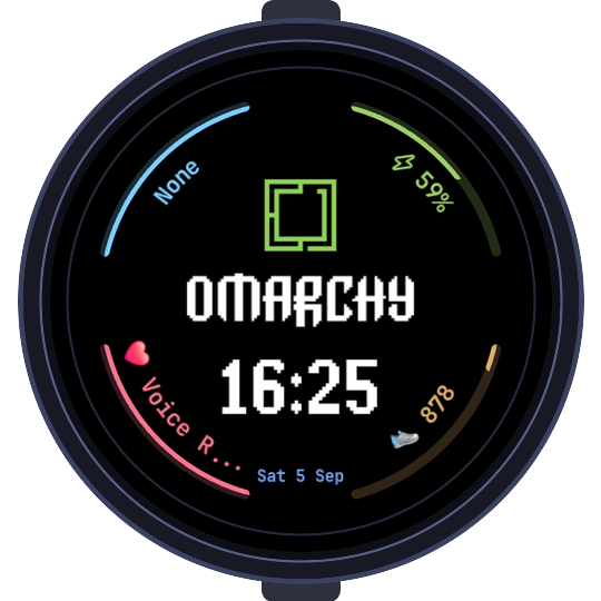 The Omarchy watch face rendered on a physical Galaxy Watch