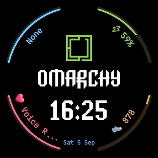 The Omarchy watch face on a Galaxy Watch: battery, steps, heart rate and a quick app arc around the OMARCHY wordmark