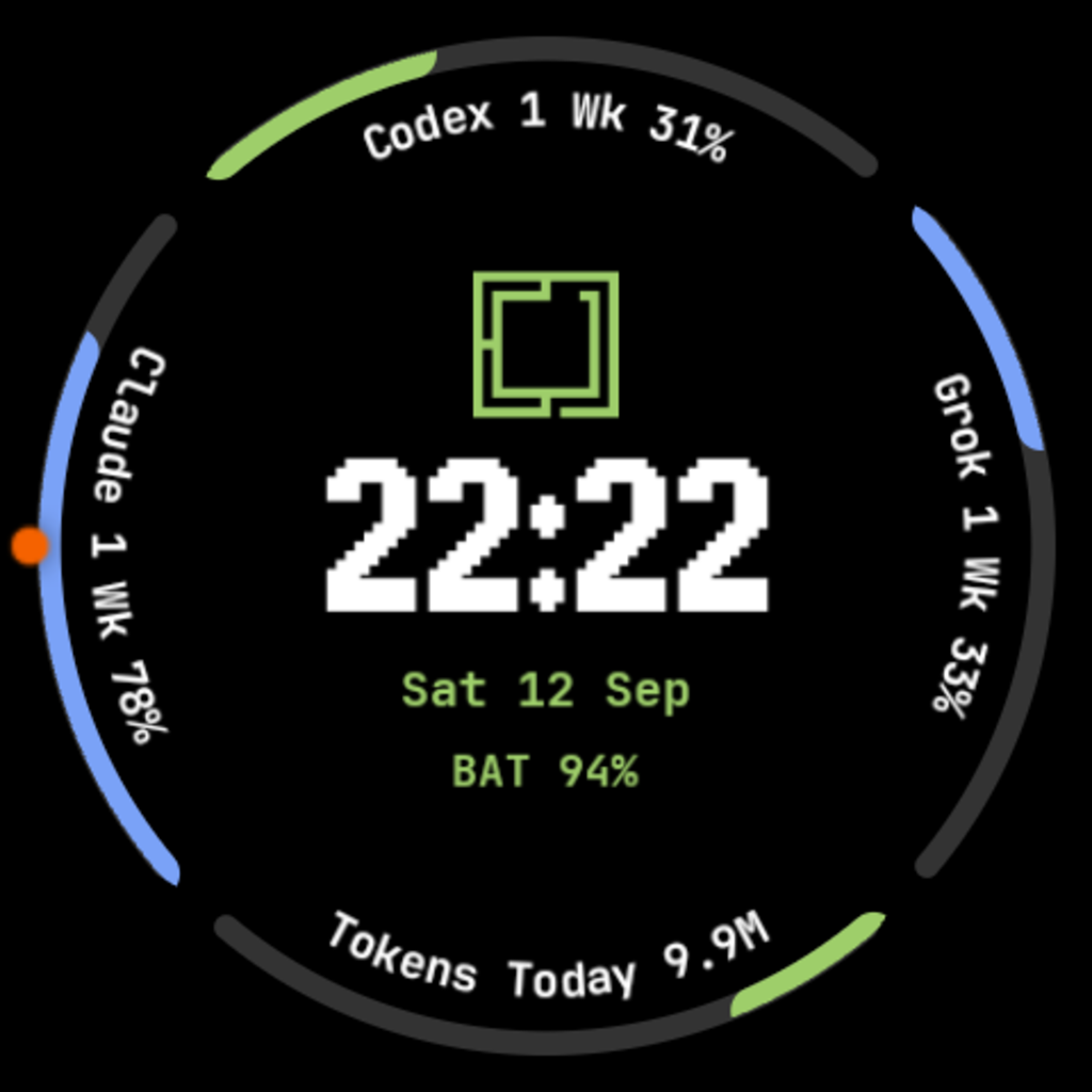 Omarchy AI Usage watch face: Codex weekly, Grok weekly, Claude weekly and today's tokens as four arcs around a pixel clock