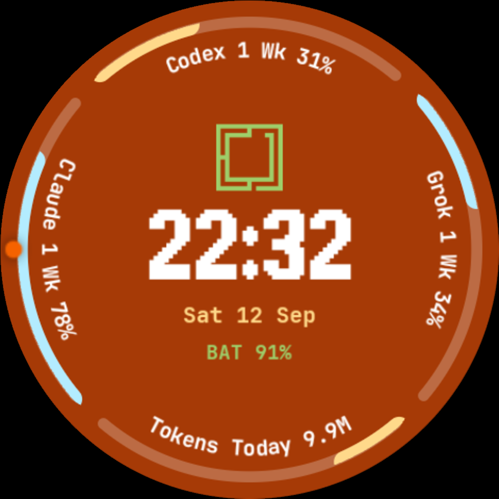 The same watch face with the orange theme and battery on the dial