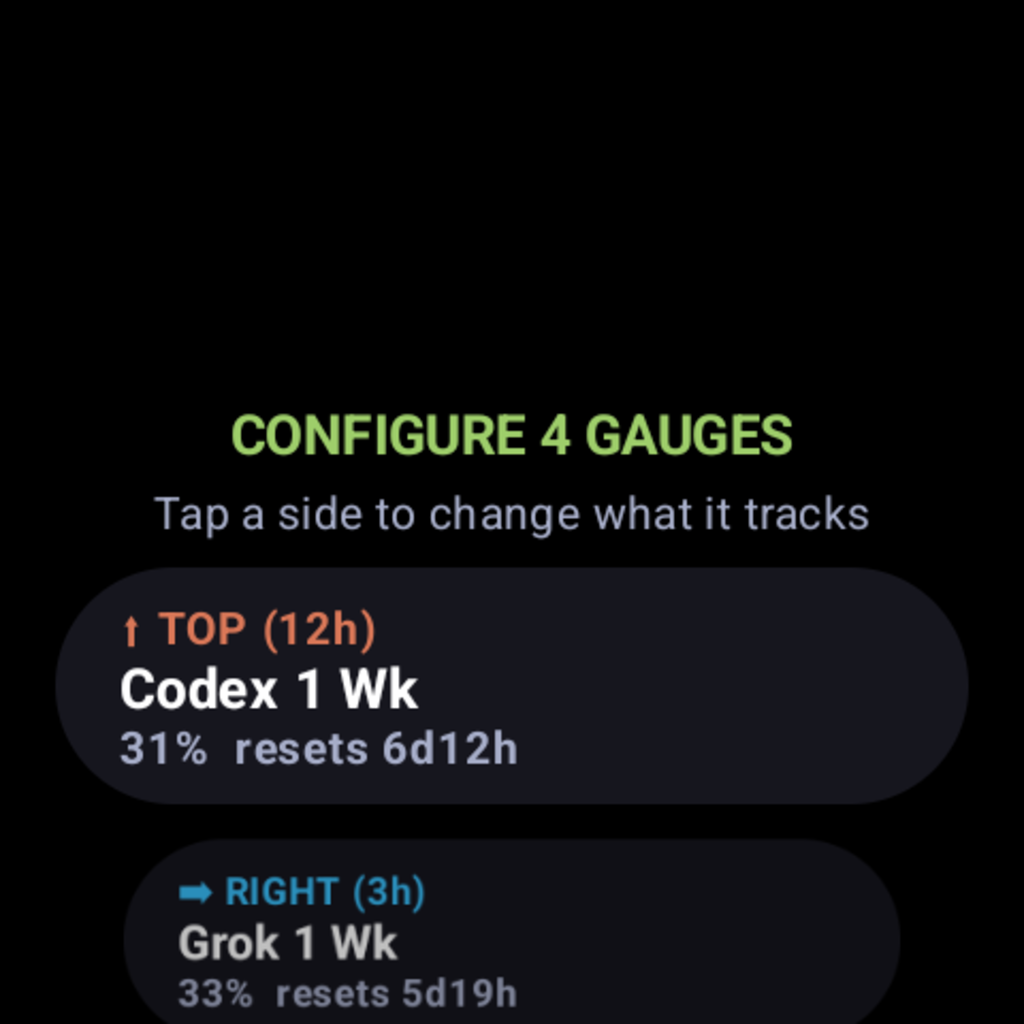 Configure 4 gauges screen: tap a side of the dial to choose which limit it tracks