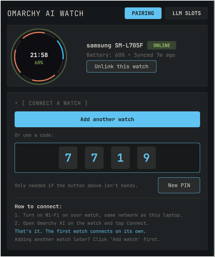 Pairing tab: the linked watch with battery and last sync, an Add another watch button, and a PIN fallback