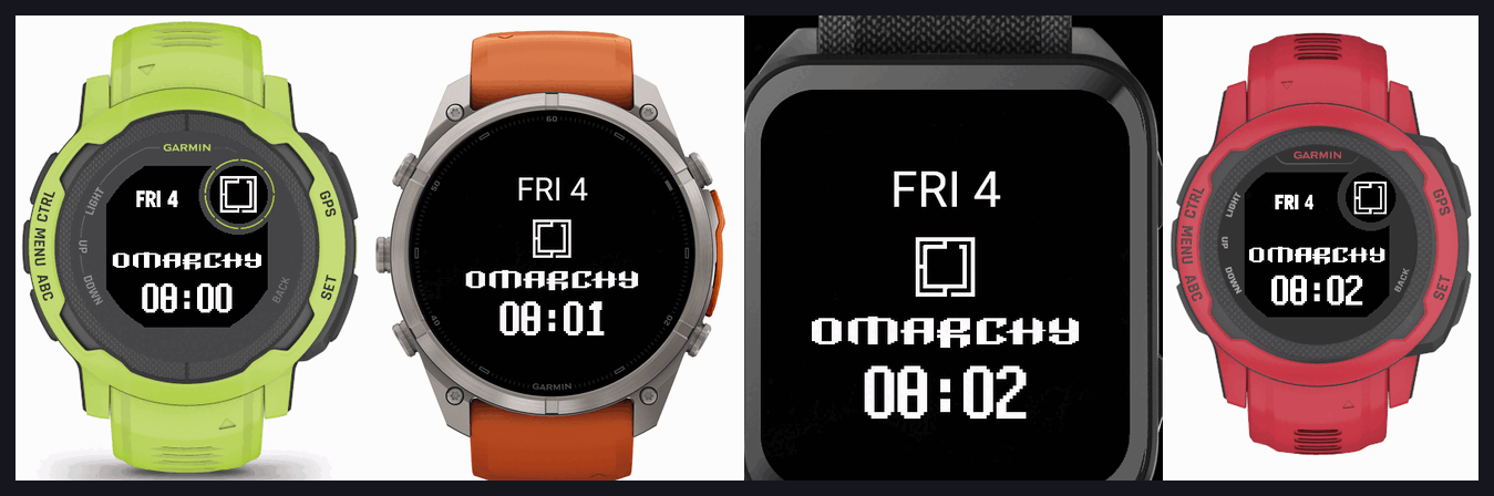 The Omarchy Garmin face on Instinct 2X Solar, fenix 9 Pro, Venu X1 and a red Garmin watch