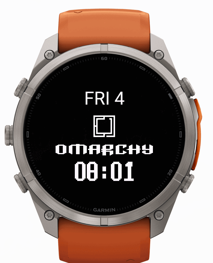 The Omarchy face on a fenix 9 Pro: FRI 4, the Omarchy mark and wordmark, and a block-digit clock